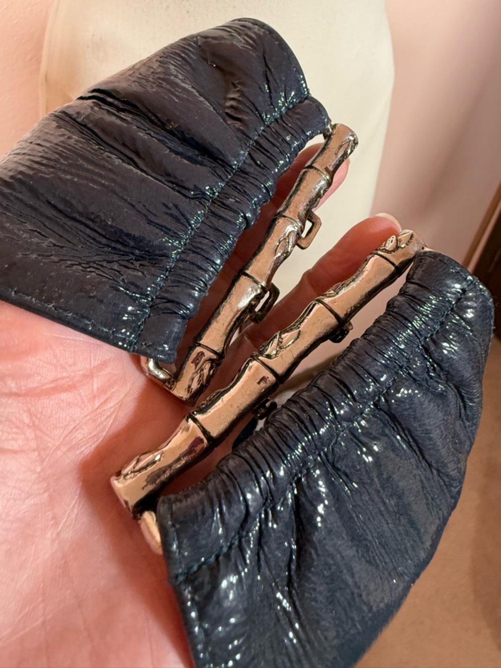 Vintage 1970's Modernist Silver bamboo Navy Blue Paten Leather Corset Wide Belt - Picture 6 of 17